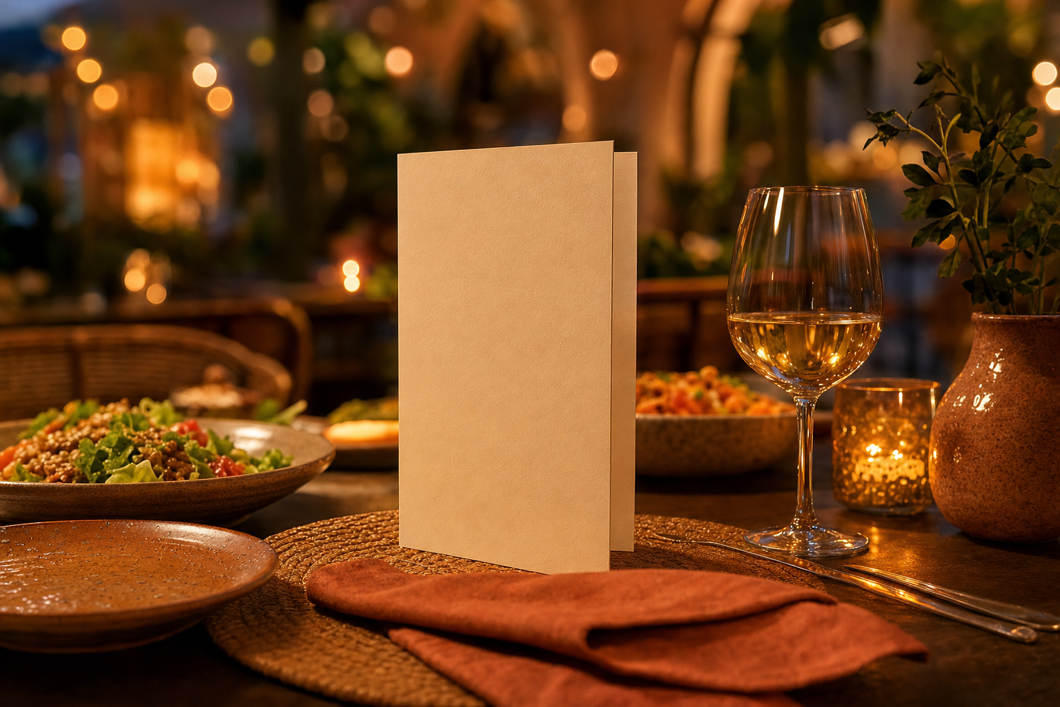 An inviting restaurant table set with a blank elegant folded menu, warm evening light and soft bokeh in the background