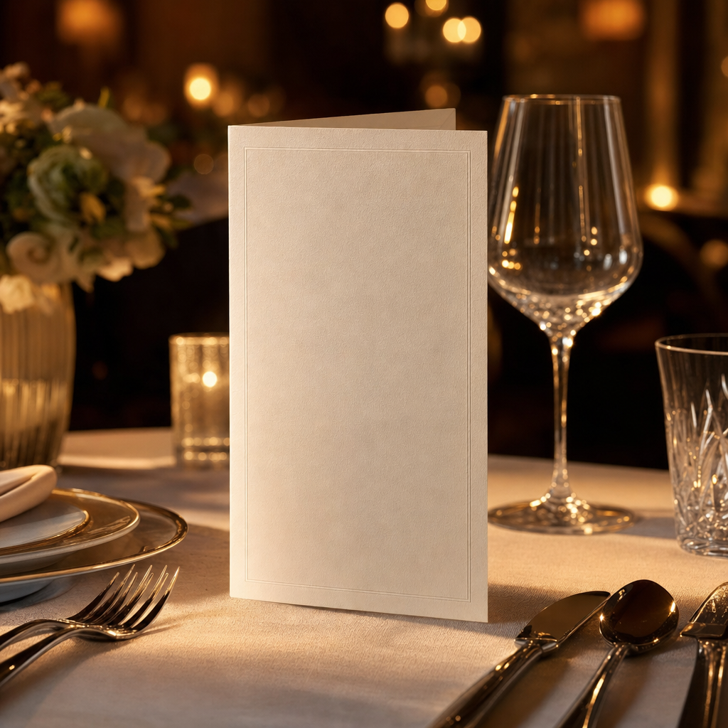 A blank folded restaurant menu standing on a set dining table in warm light