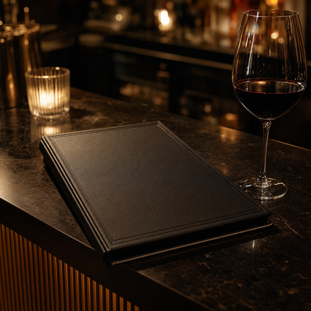 A blank premium leather-bound wine list resting on a dark bar counter with a glass of red wine