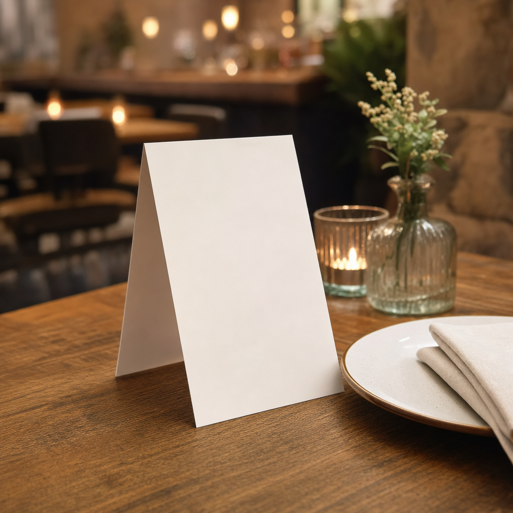 A blank folded tent card standing on a restaurant table beside a place setting