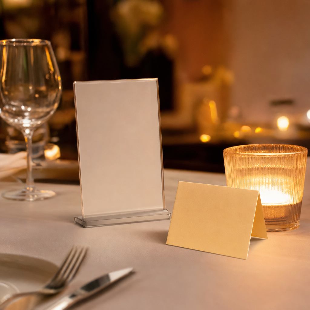 A blank acrylic-style table stand and small tent card on a restaurant table in warm light