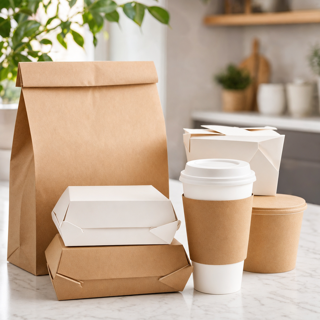 Blank branded takeout boxes, a paper bag, and a cup with a blank wrap arranged on a counter