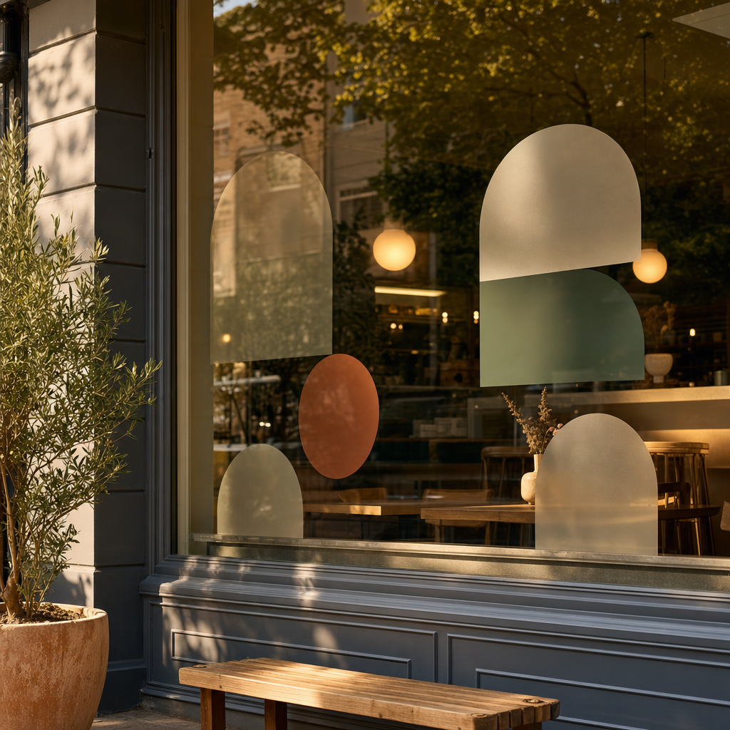 A cafe storefront window with blank frosted vinyl graphics catching warm afternoon light